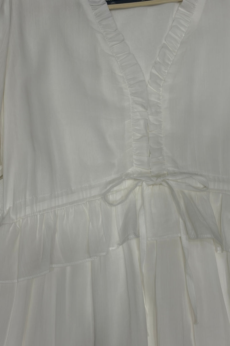 Women’s V-Neck Ruffle-Trim Puff-Sleeve Drawstring Dress