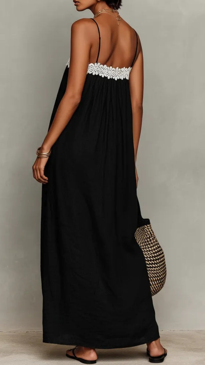 Women’s Minimalist Linen-Blend Lace-Paneled Strapless With Spaghetti Straps Maxi Dress