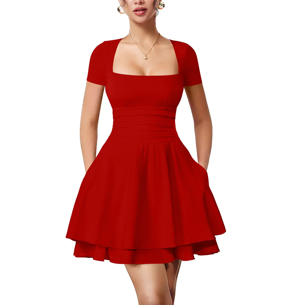 Hot Sale 50% OFF Casual Square Neck Mini Dress | Ruffle Hem | Short Sleeve | With Pockets