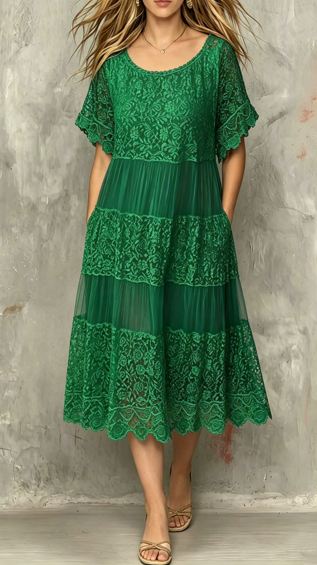 Women’s Round-Neck Short-Sleeve Lace-Trimmed Dress