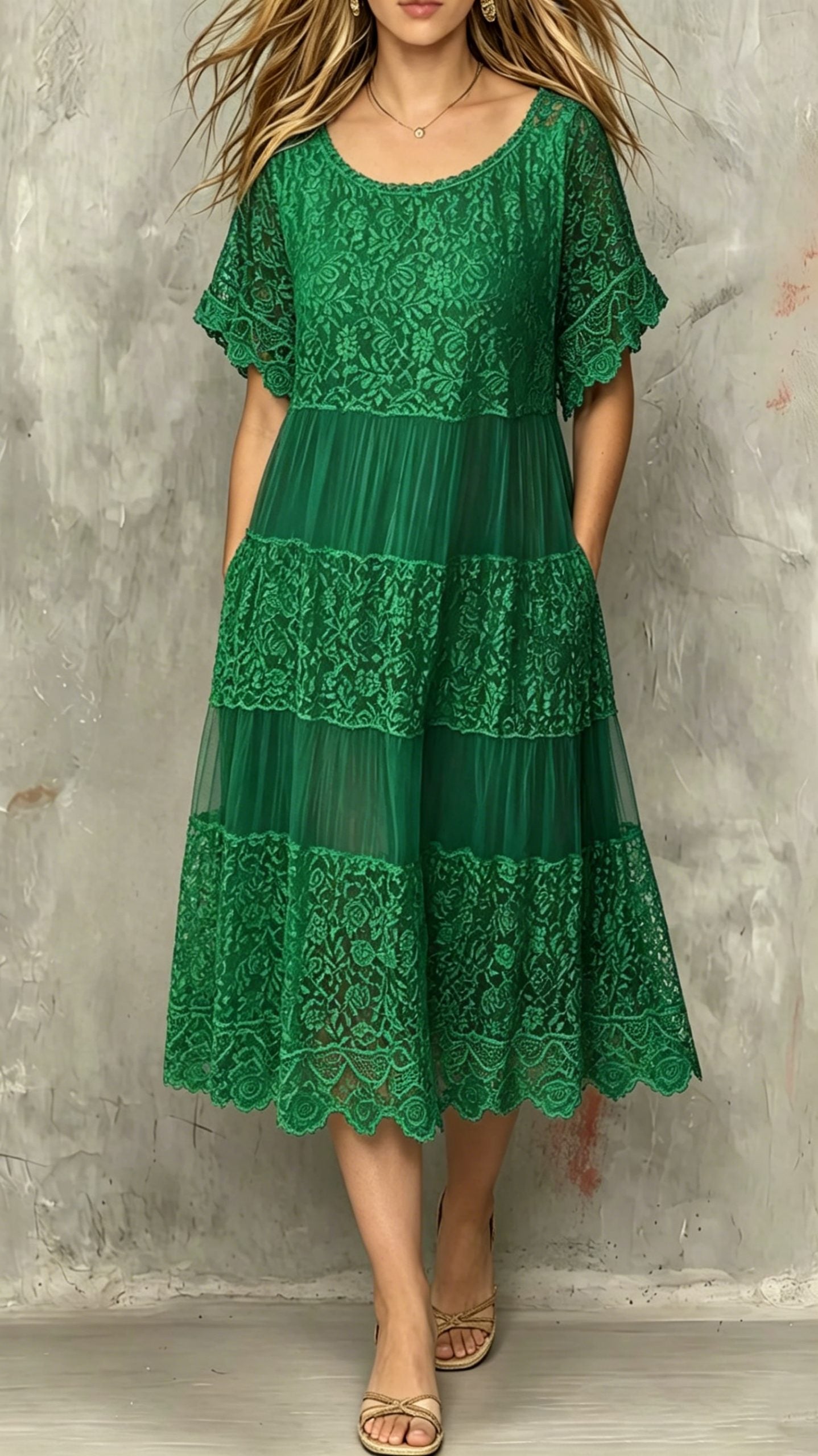 Women’s Round-Neck Short-Sleeve Lace-Trimmed Dress