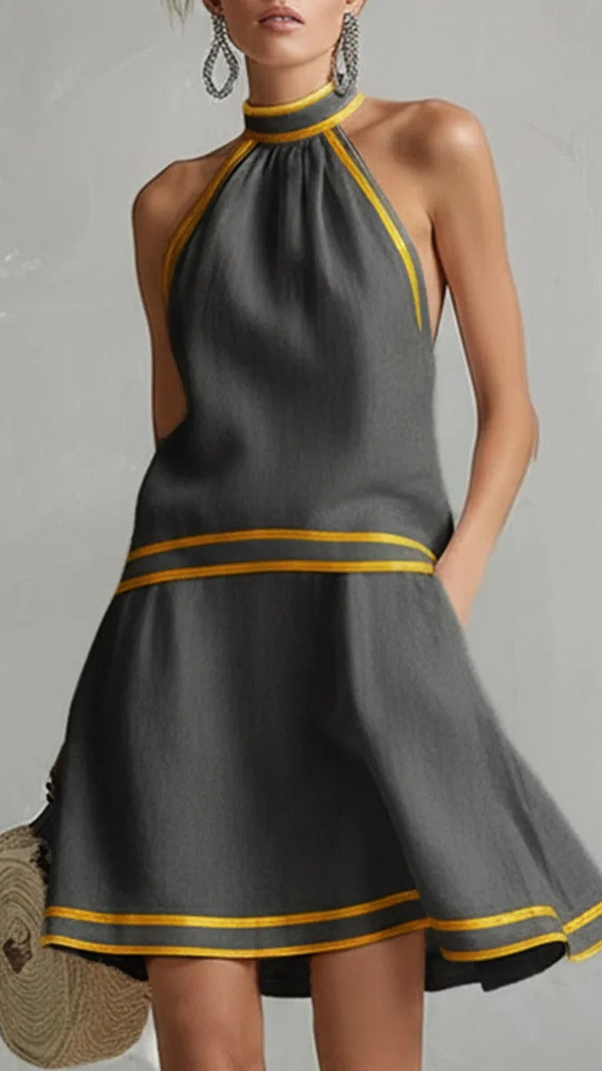 Women’s Elegant Color-Block Piped Cotton-Linen Halter Sleeveless Mini Dress