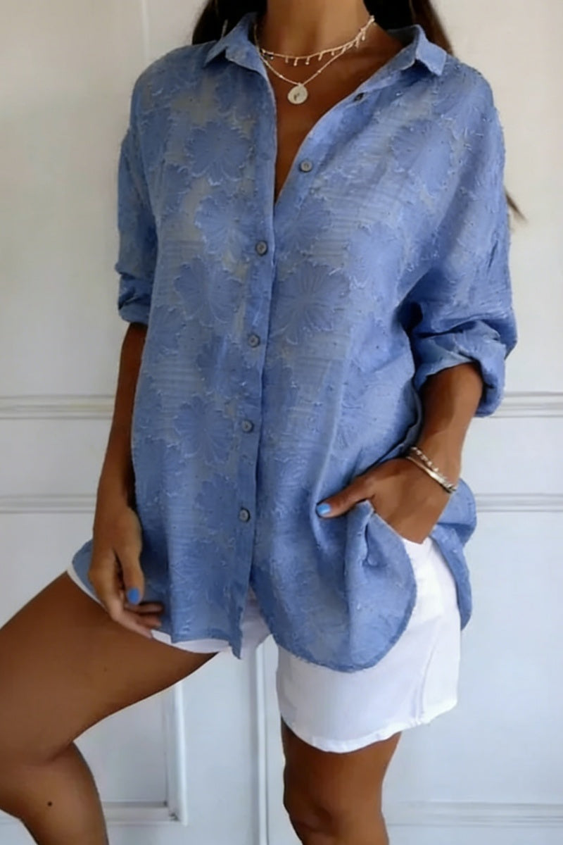 Women’s Solid-Color Jacquard Long-Sleeve Shirt with Hot-Fix Rhinestones