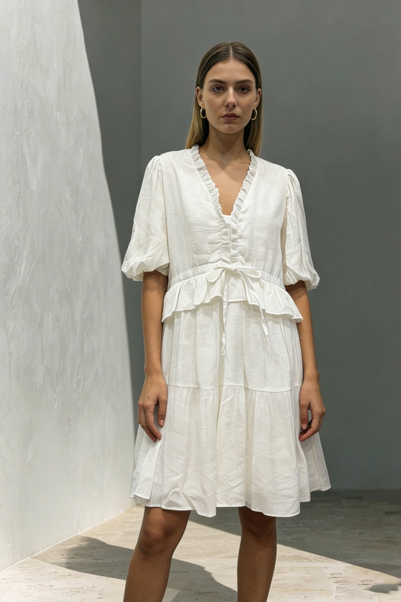 Women’s V-Neck Ruffle-Trim Puff-Sleeve Drawstring Dress
