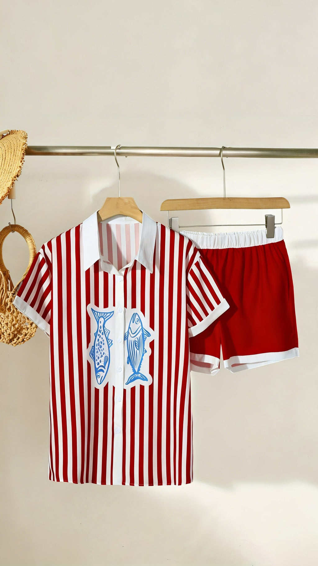 Women’s Striped & Color-Block Sardine Print Set — Lapel, Button-Front, Short-Sleeve Top & Shorts