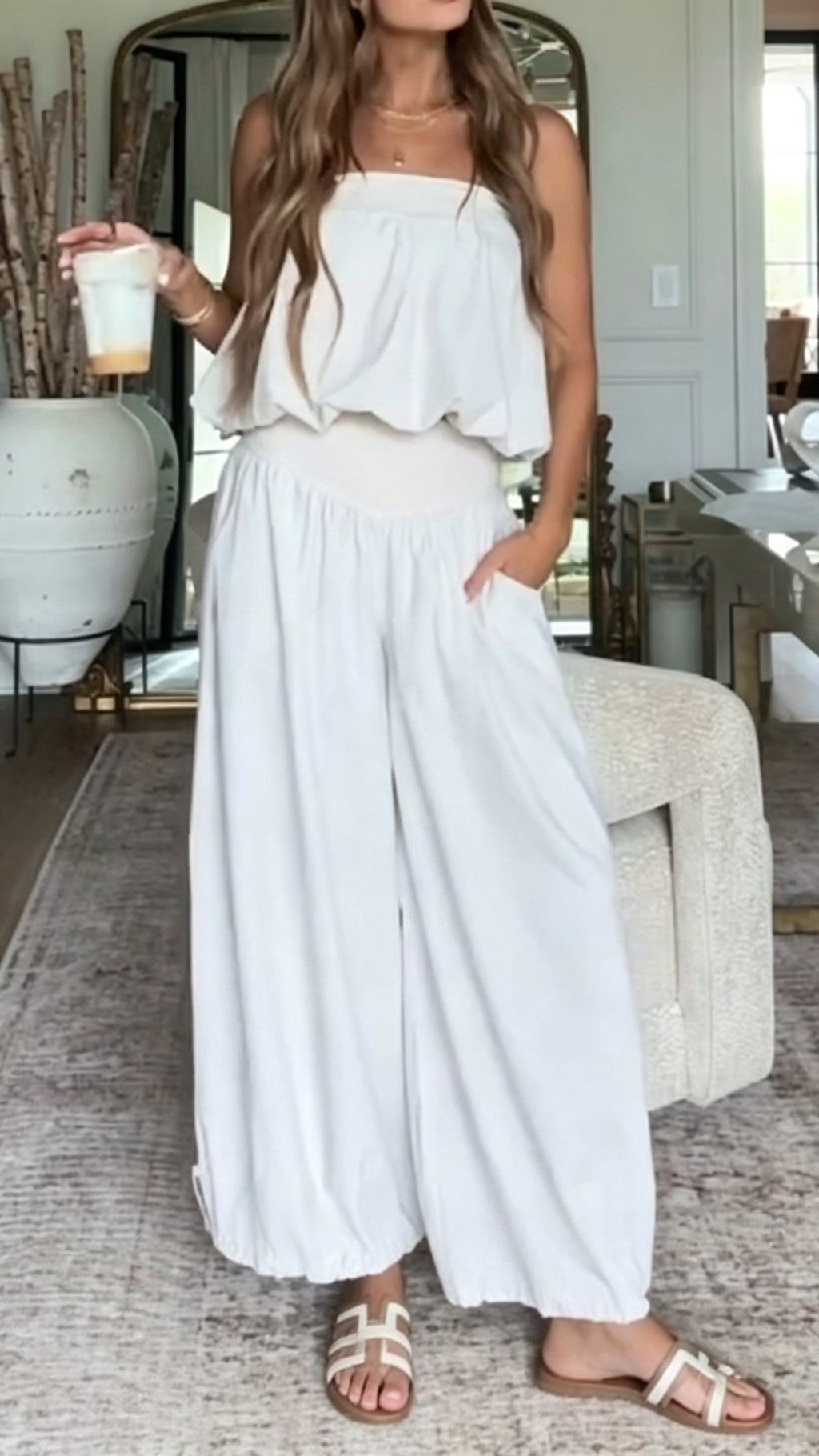 Women’s White Strapless Top and Wide-Leg Pants Two-Piece Set
