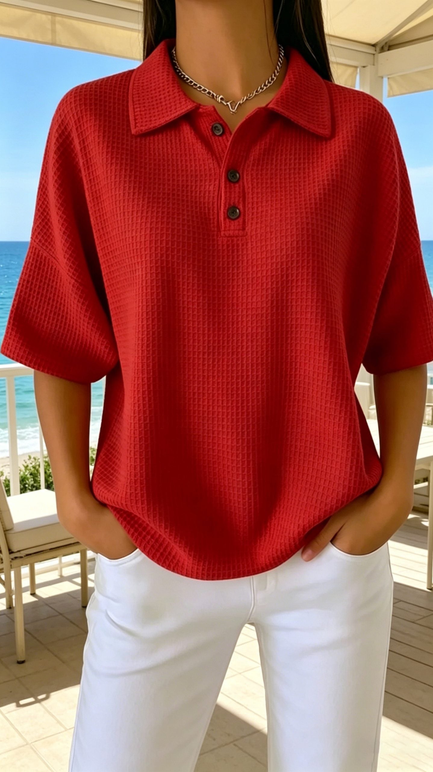 Women’s Button-Front Waffle-Knit Short-Sleeve T-Shirt