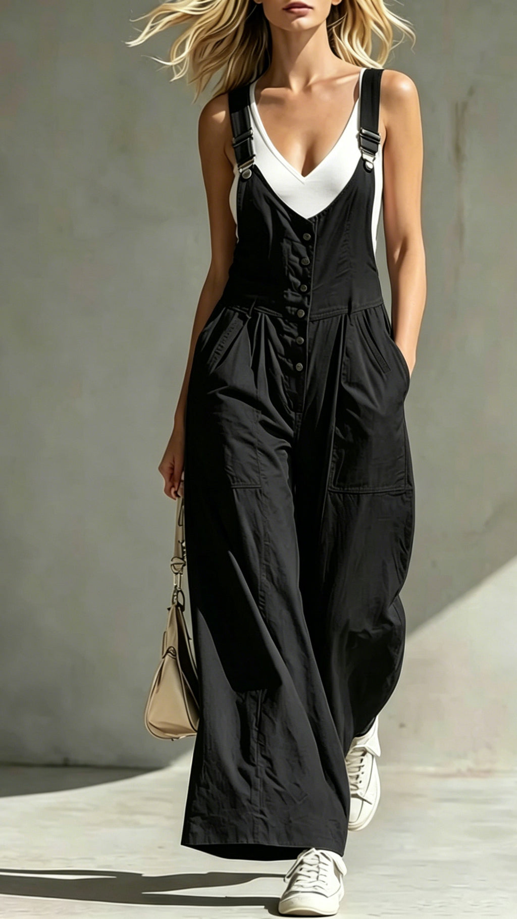 Women’s V-Neck Jumpsuit with Pockets, Zipper, Buttons, Open Back, and Waist-Cinching Straps
