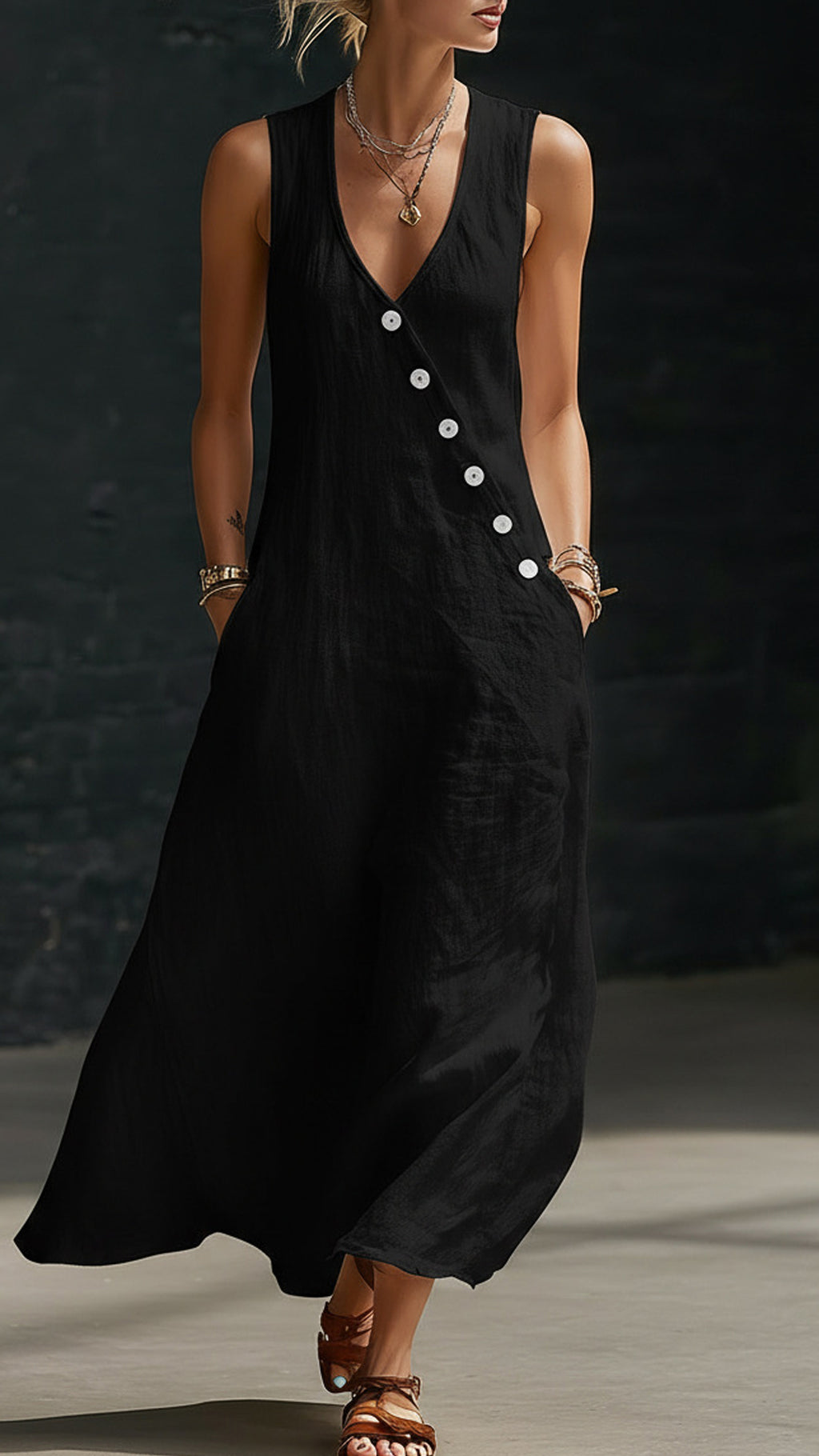 “Effortless Chic” Style V-Neck Button-Front Cotton-Linen Maxi Dress — Sleeveless Tank Dress