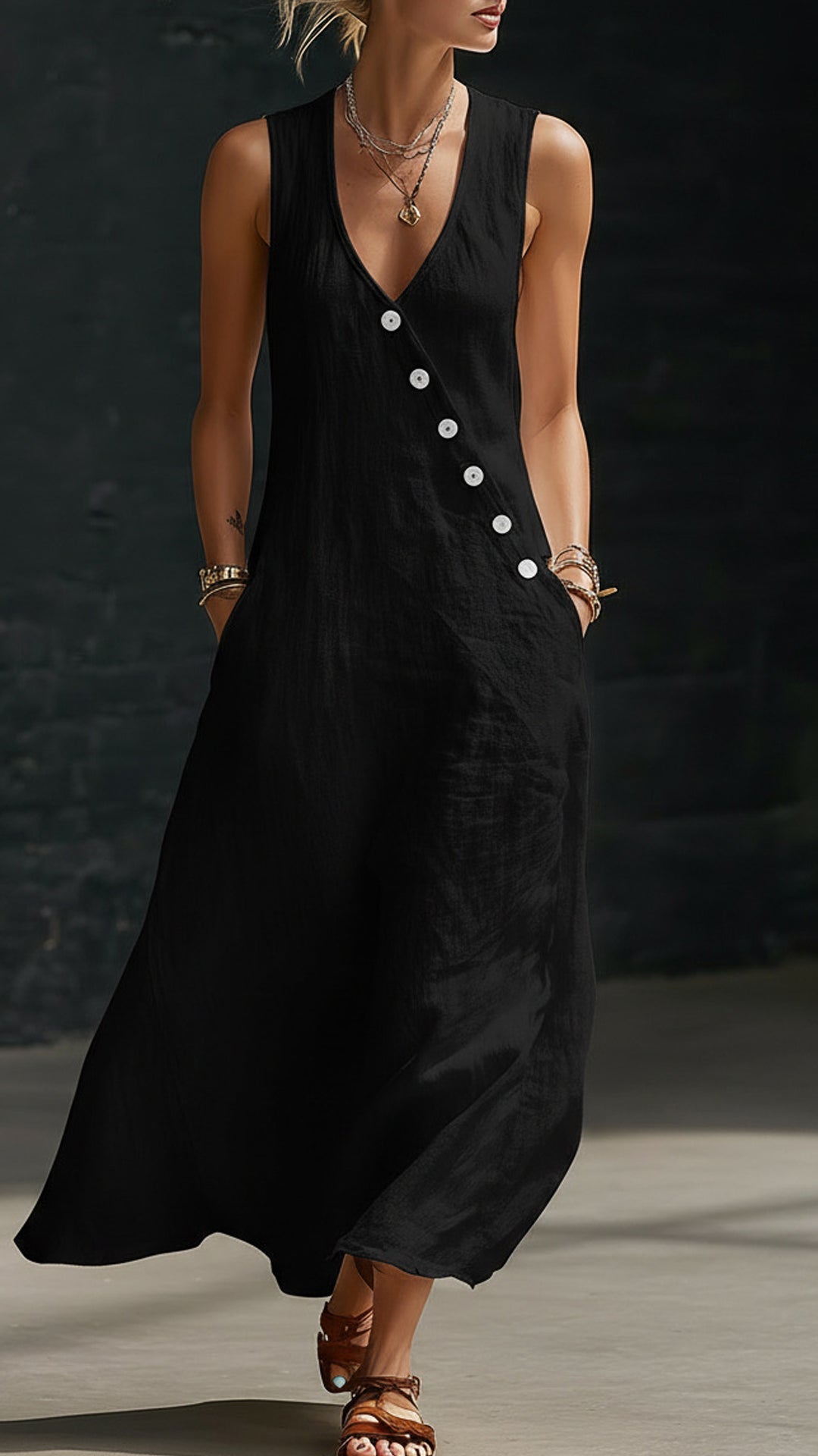 “Effortless Chic” Style V-Neck Button-Front Cotton-Linen Maxi Dress — Sleeveless Tank Dress