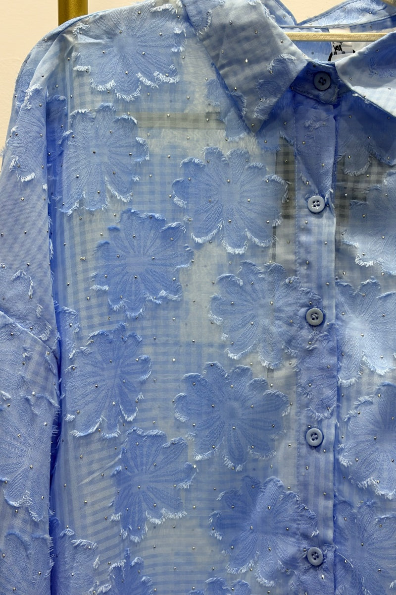 Women’s Solid-Color Jacquard Long-Sleeve Shirt with Hot-Fix Rhinestones