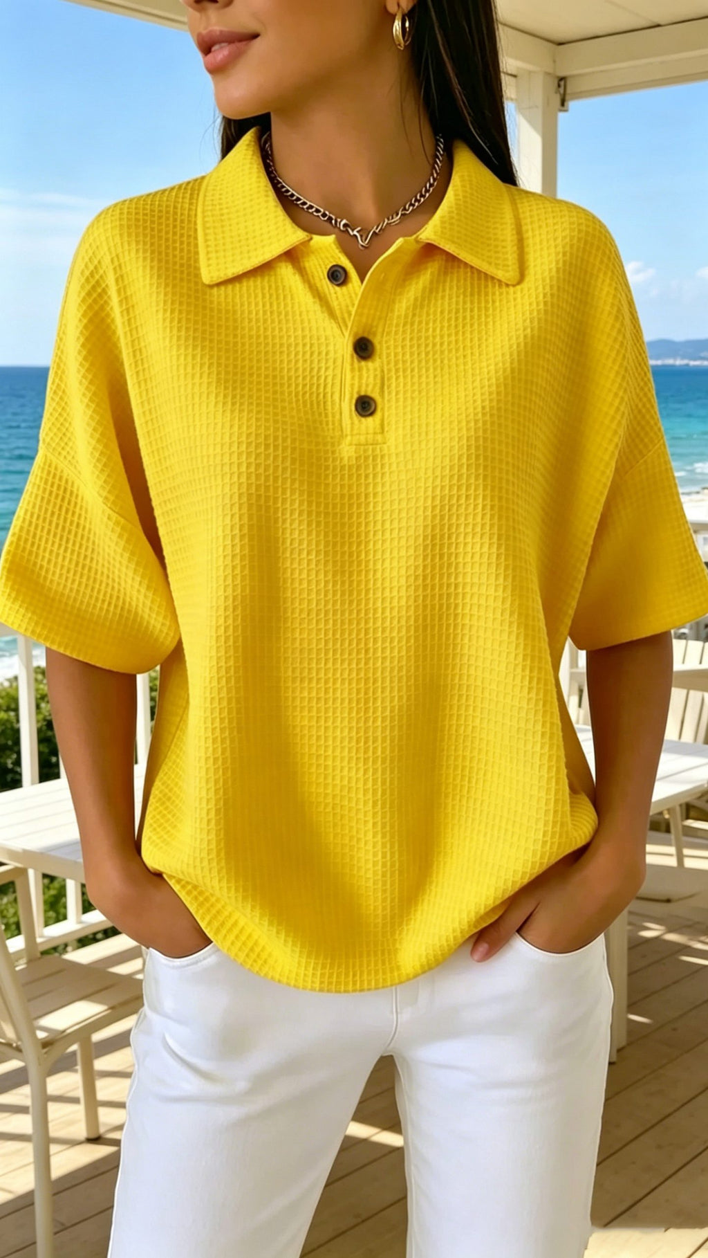 Women’s Button-Front Waffle-Knit Short-Sleeve T-Shirt