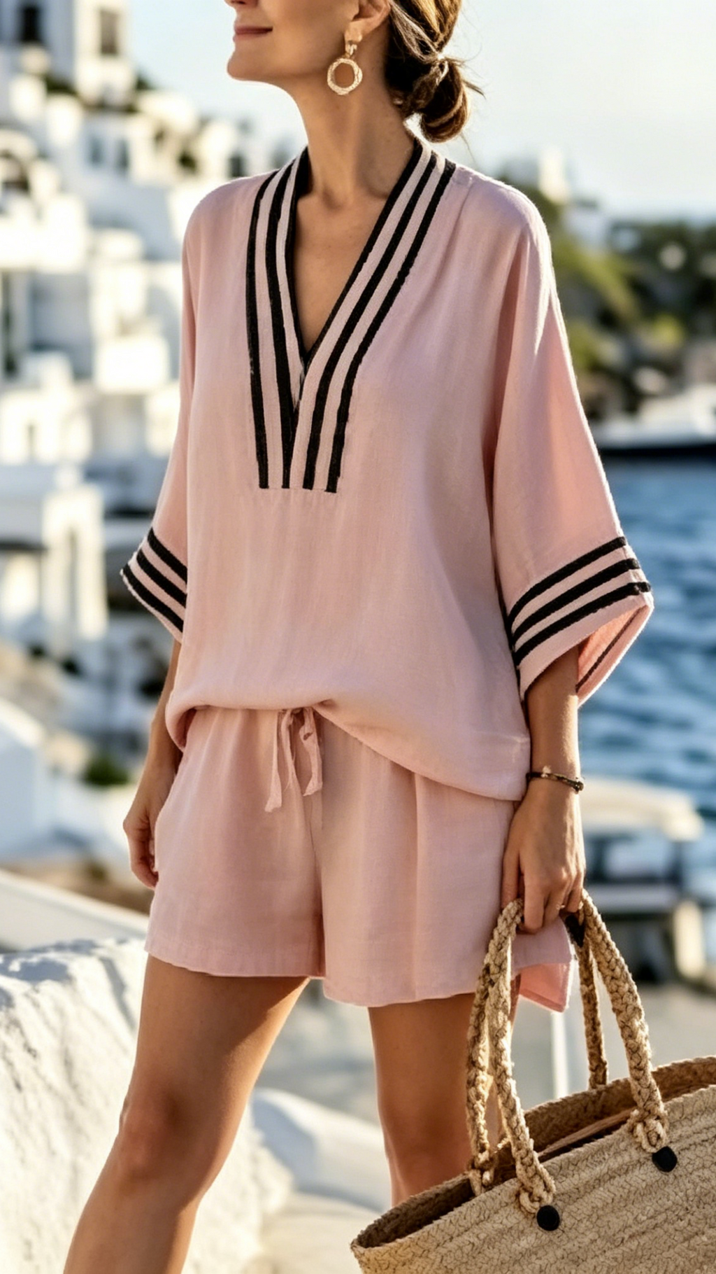 Women’s V-Neck Striped Loose-Fit Casual Two-Piece Set