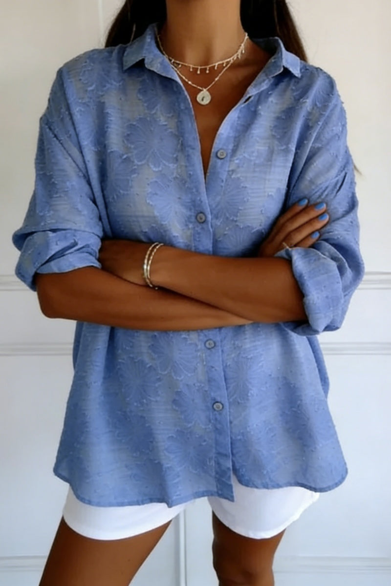 Women’s Solid-Color Jacquard Long-Sleeve Shirt with Hot-Fix Rhinestones