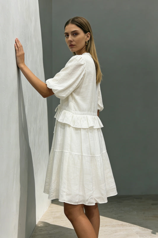 Women’s V-Neck Ruffle-Trim Puff-Sleeve Drawstring Dress