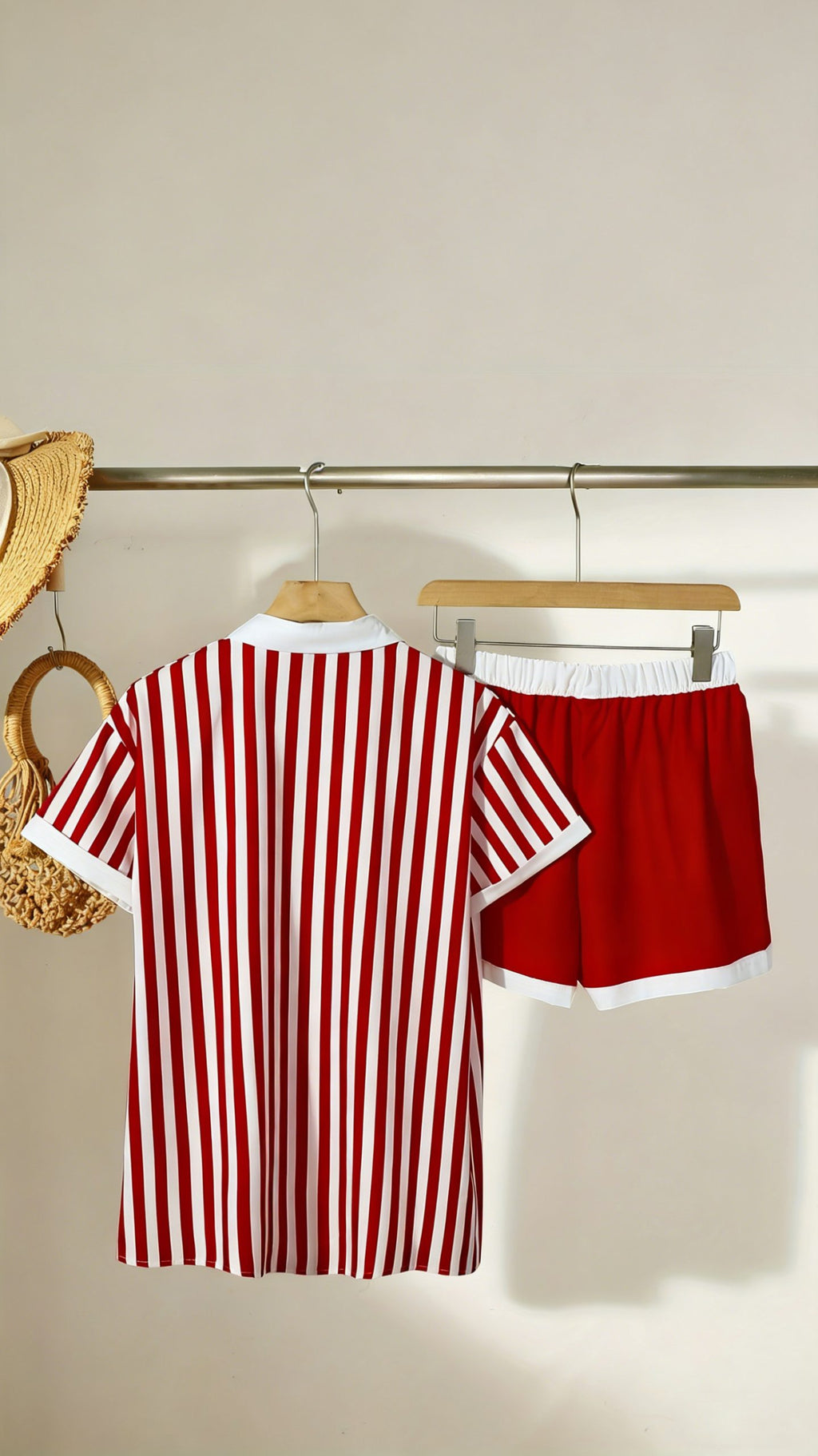Women’s Striped & Color-Block Sardine Print Set — Lapel, Button-Front, Short-Sleeve Top & Shorts