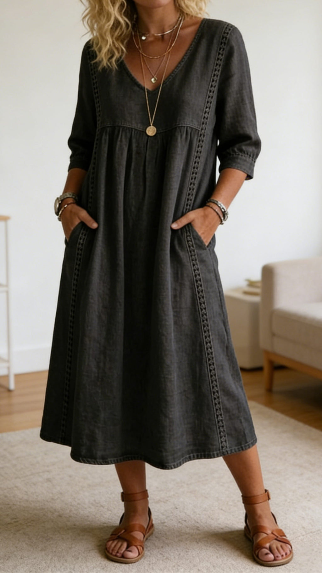 Casual loose-fit vintage faux denim dress