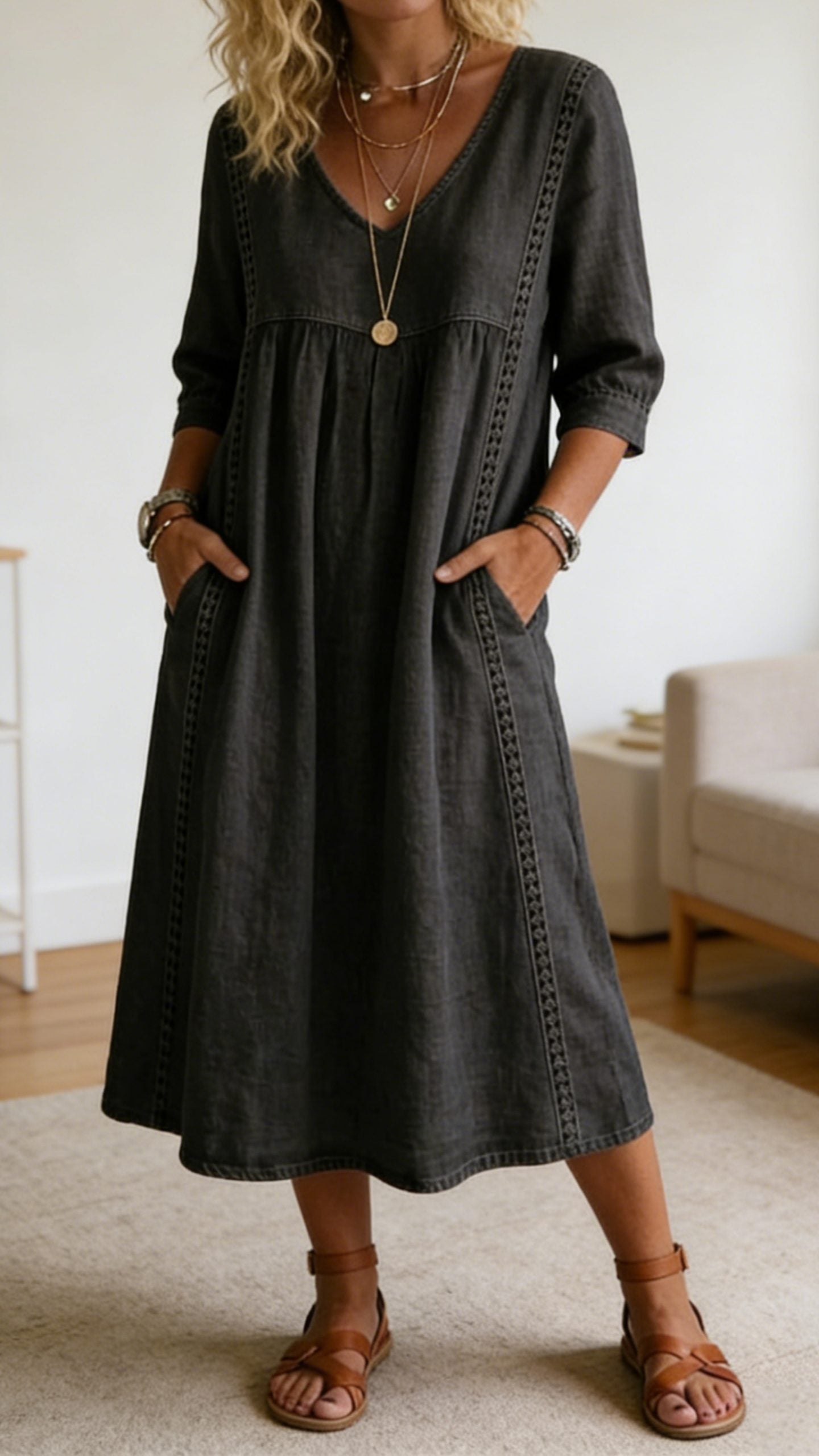 Casual loose-fit vintage faux denim dress