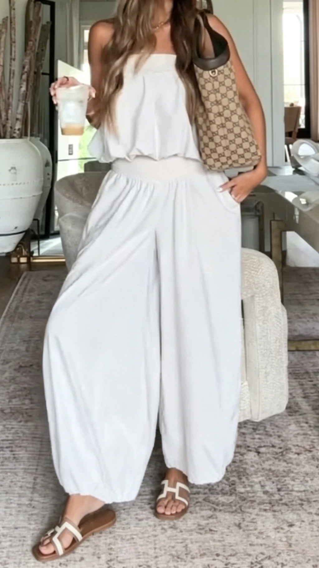 Women’s White Strapless Top and Wide-Leg Pants Two-Piece Set
