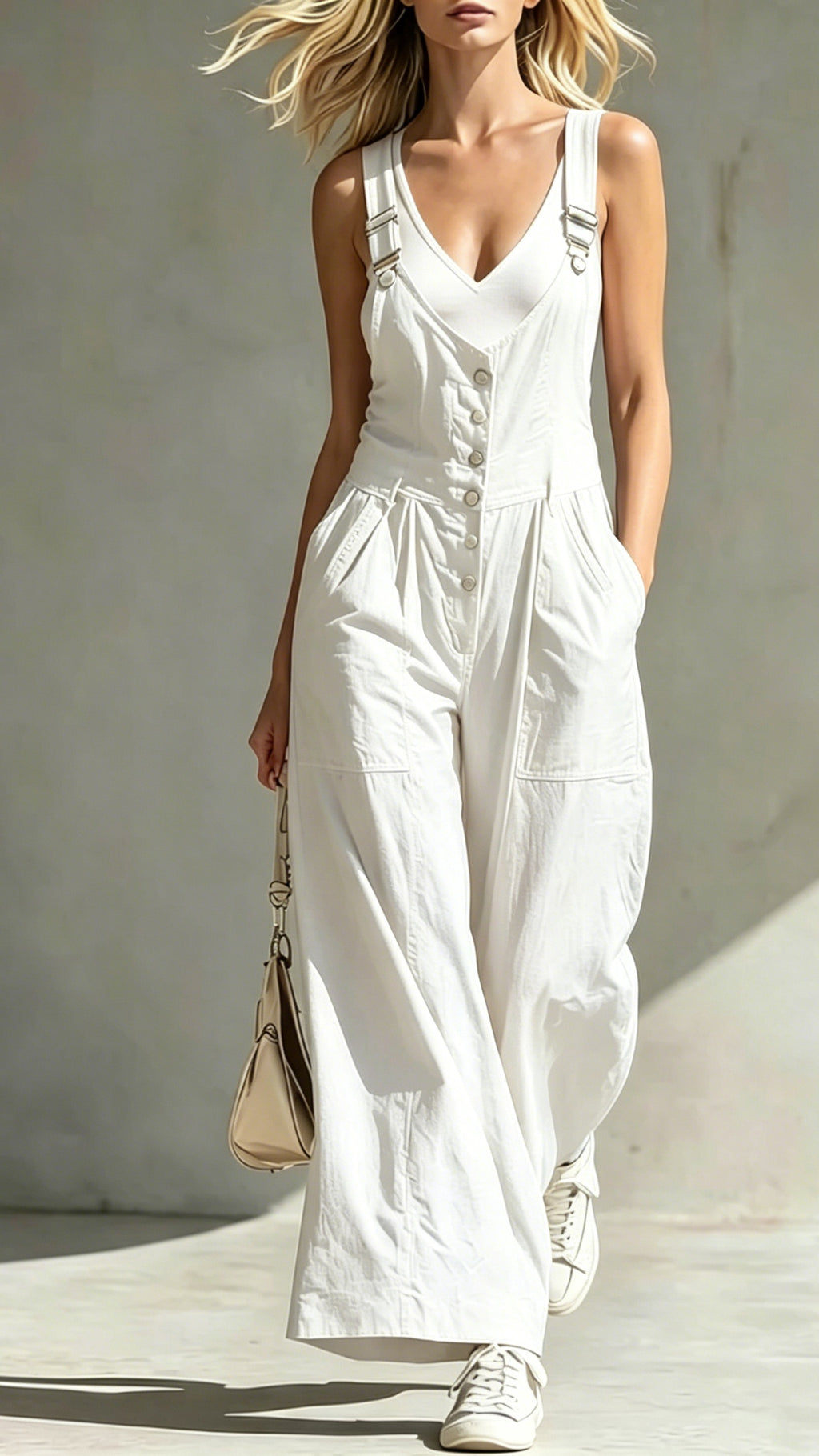 Women’s V-Neck Jumpsuit with Pockets, Zipper, Buttons, Open Back, and Waist-Cinching Straps