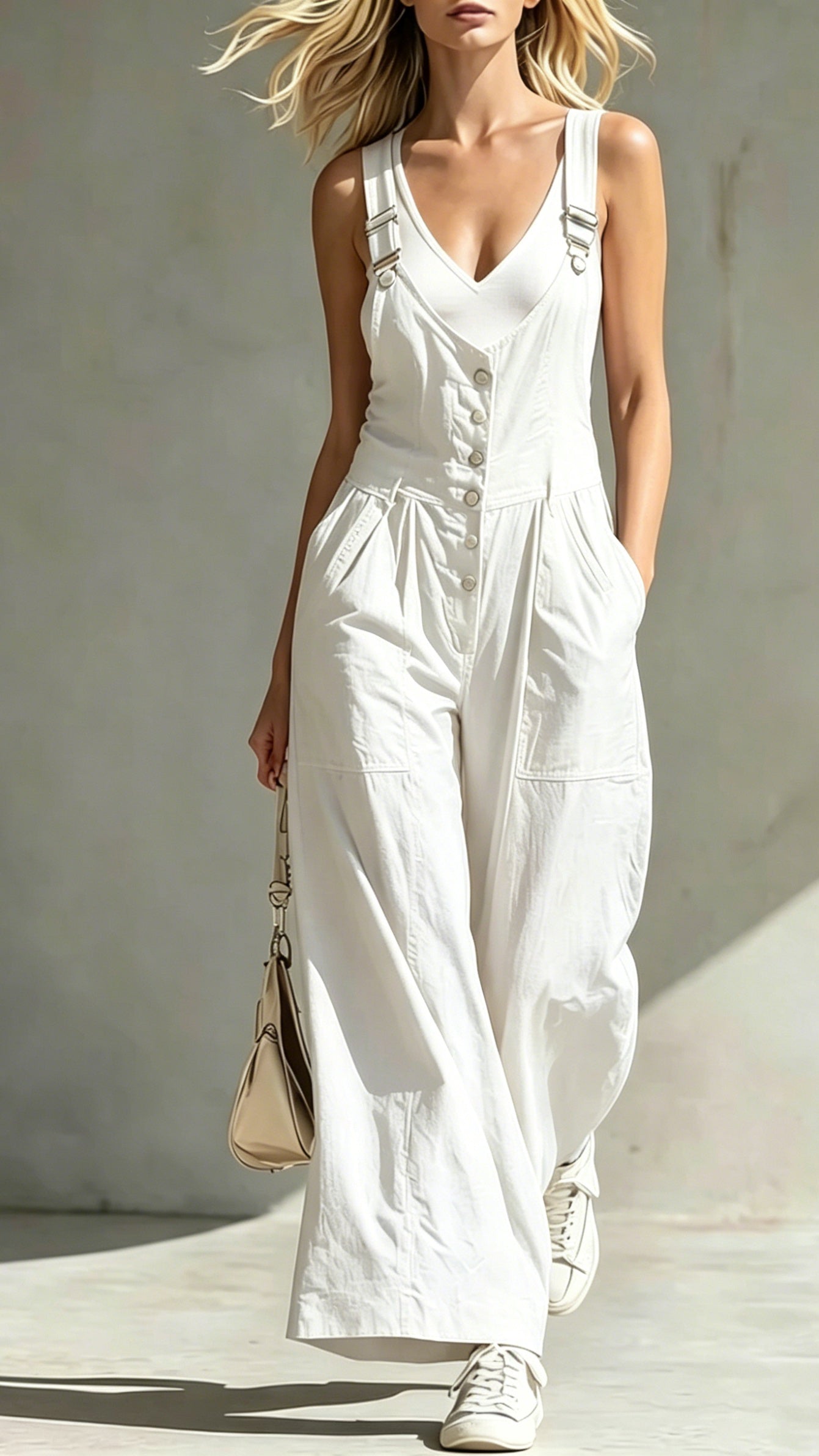 Women’s V-Neck Jumpsuit with Pockets, Zipper, Buttons, Open Back, and Waist-Cinching Straps