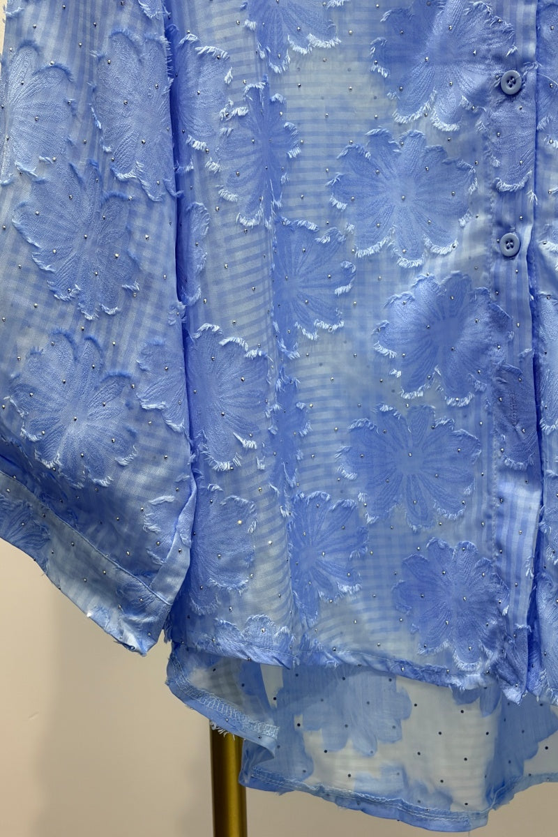 Women’s Solid-Color Jacquard Long-Sleeve Shirt with Hot-Fix Rhinestones