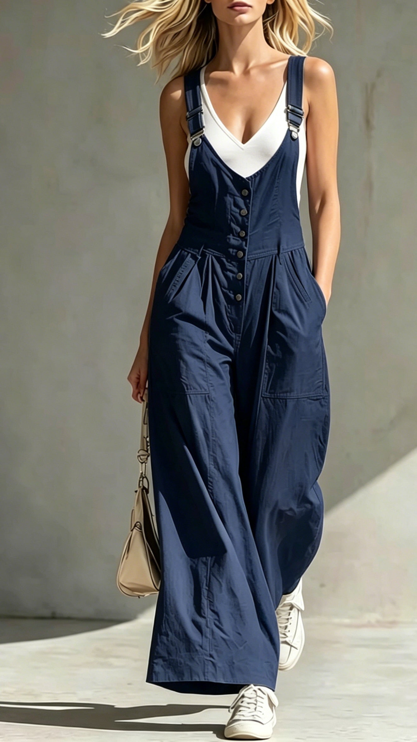 Women’s V-Neck Jumpsuit with Pockets, Zipper, Buttons, Open Back, and Waist-Cinching Straps