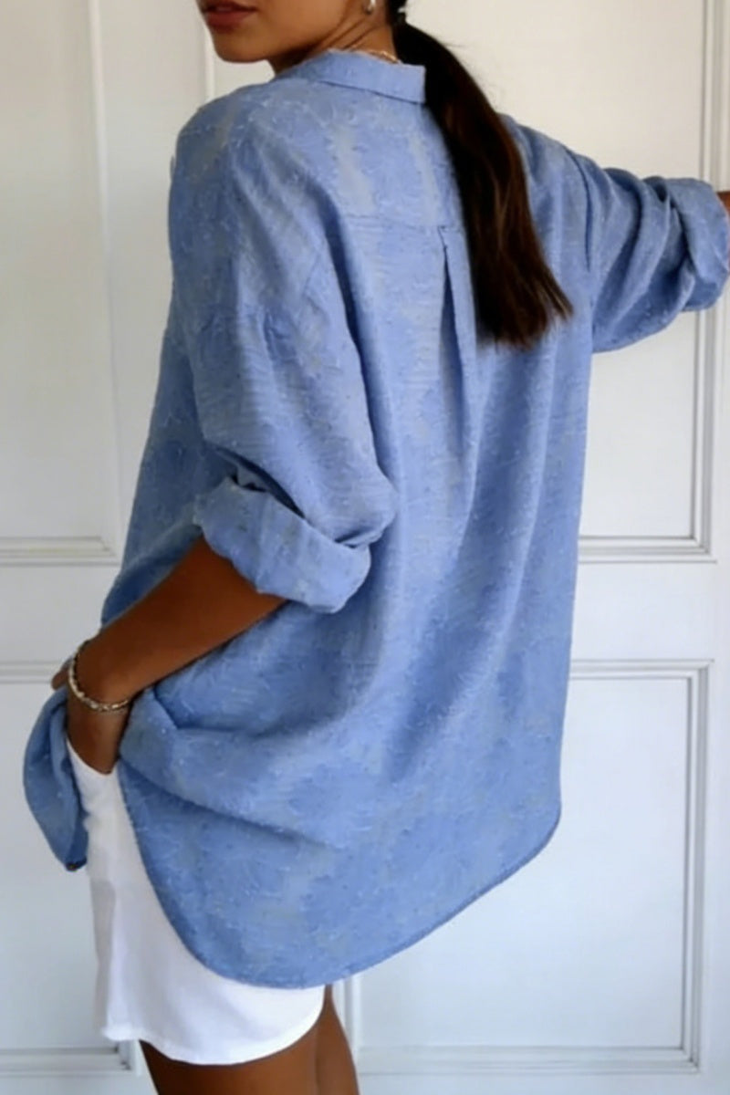 Women’s Solid-Color Jacquard Long-Sleeve Shirt with Hot-Fix Rhinestones
