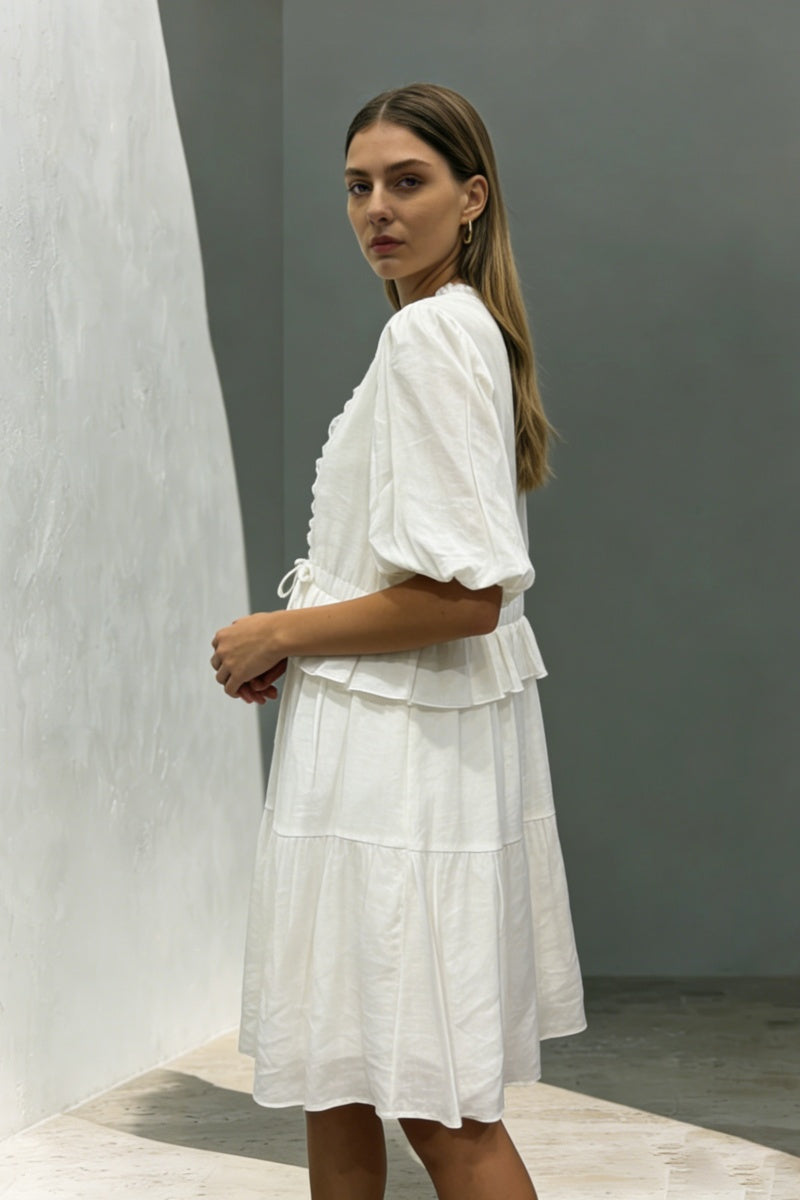 Women’s V-Neck Ruffle-Trim Puff-Sleeve Drawstring Dress