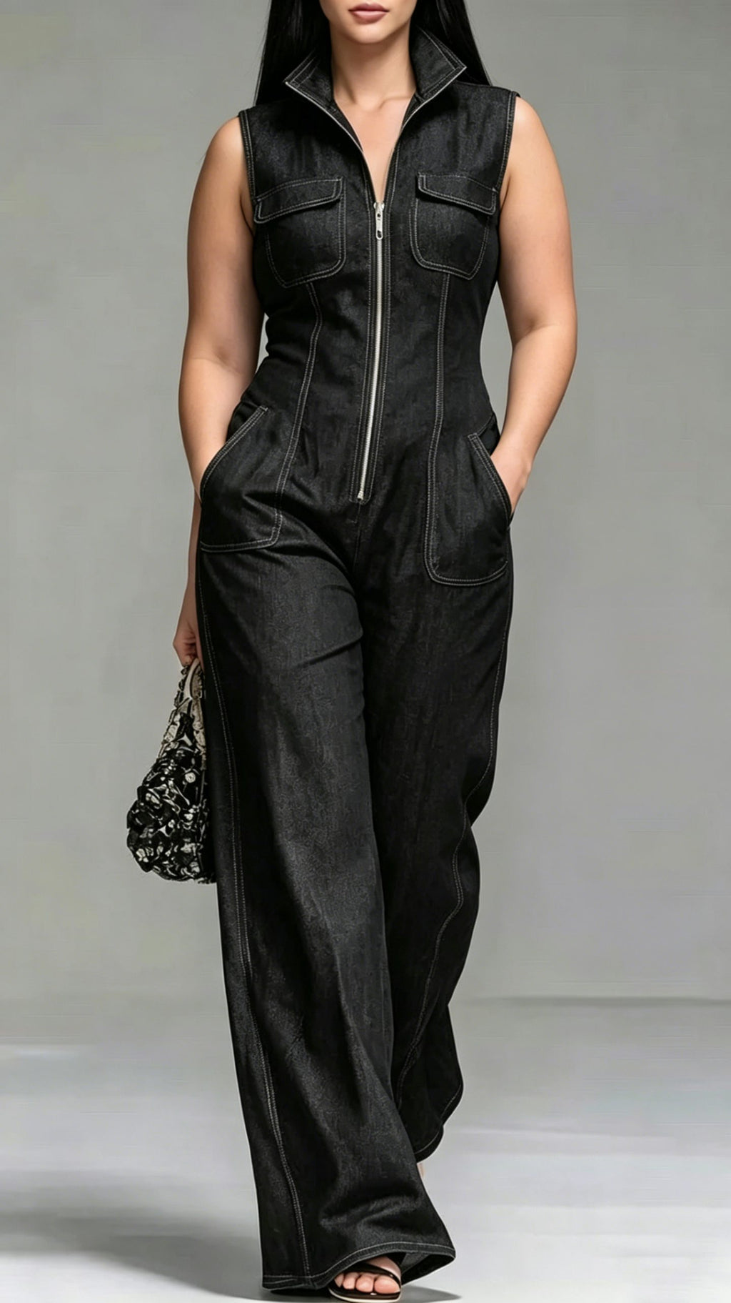 Women’s Faux-Denim Retro Stand-Collar Sleeveless Zip-Front Jumpsuit