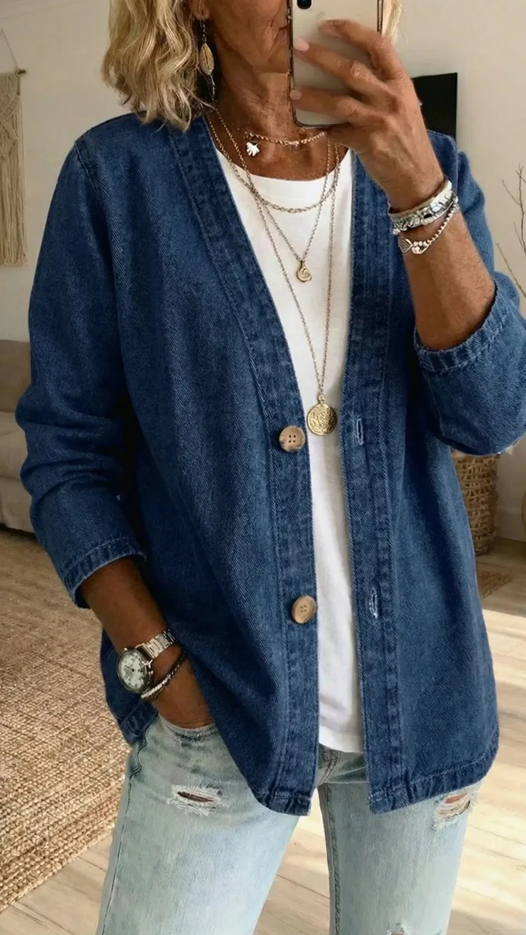 Women’s Polyester Denim-Like V-Neck Cardigan