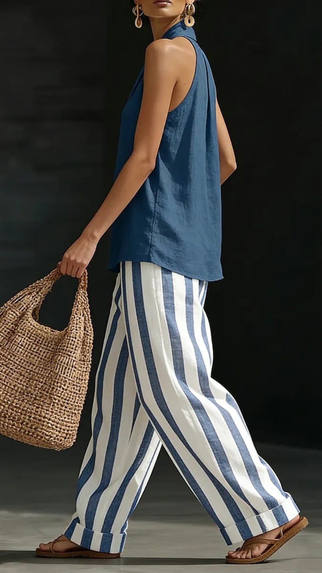 Women’s Cotton Linen Halter Stripe Wide-Leg Set