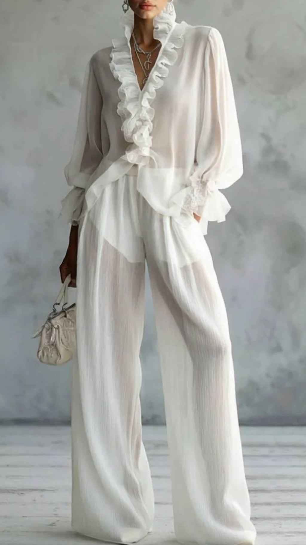 Women’s Polyester Spandex Blend Ruffle Wide-Leg Set