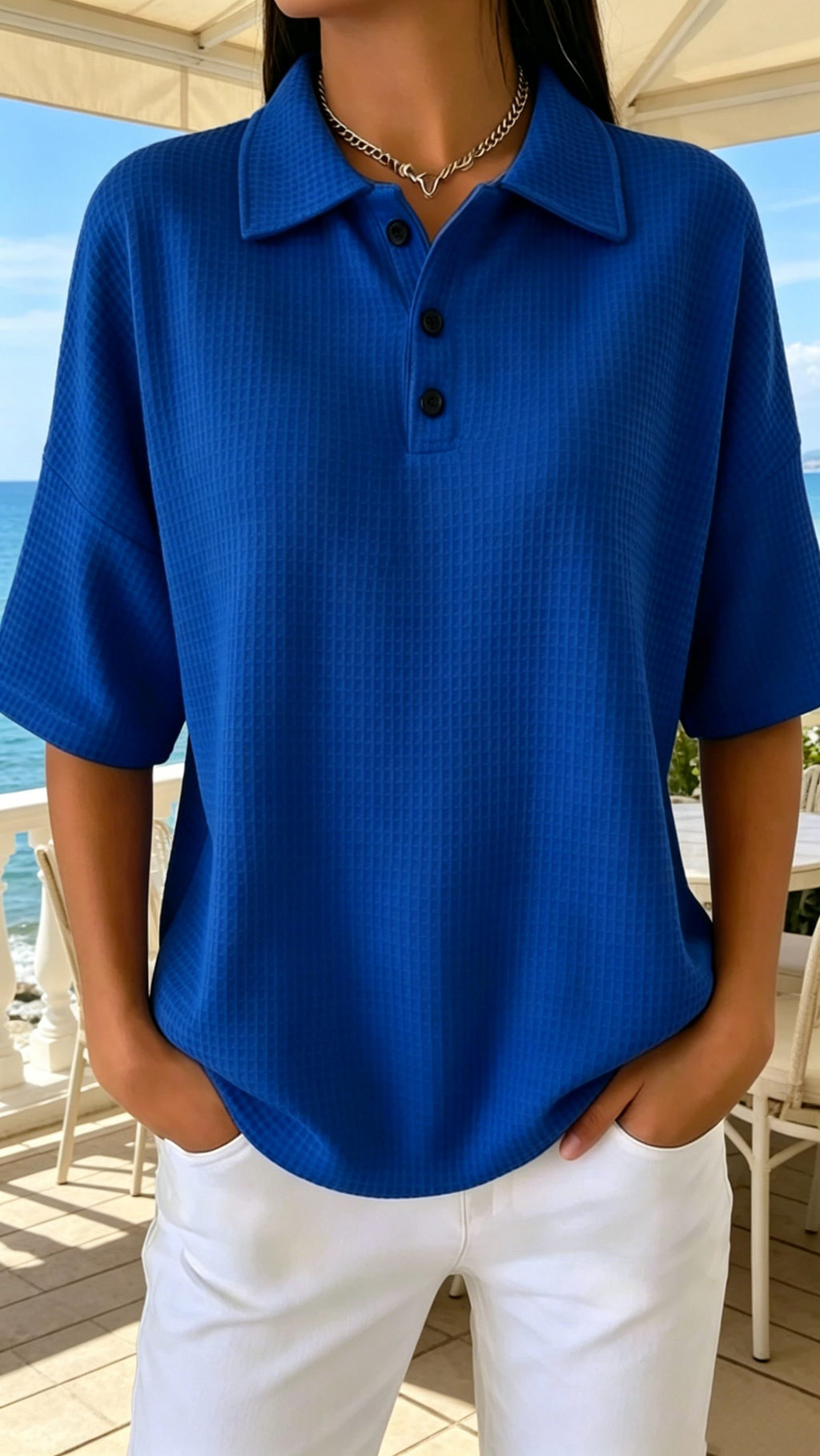 Women’s Button-Front Waffle-Knit Short-Sleeve T-Shirt