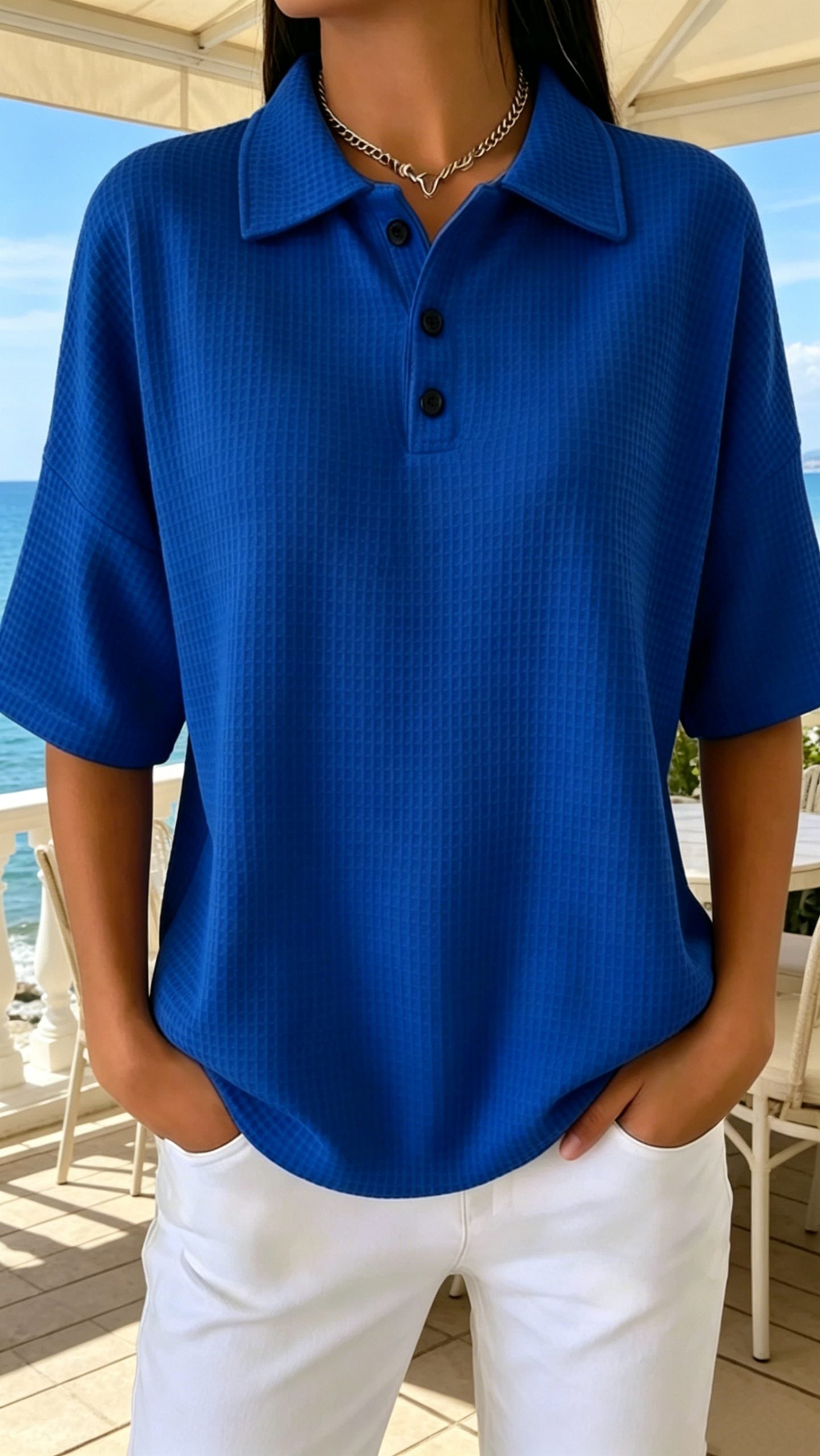Women’s Button-Front Waffle-Knit Short-Sleeve T-Shirt