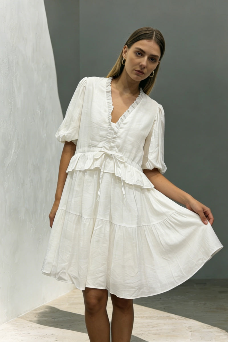 Women’s V-Neck Ruffle-Trim Puff-Sleeve Drawstring Dress