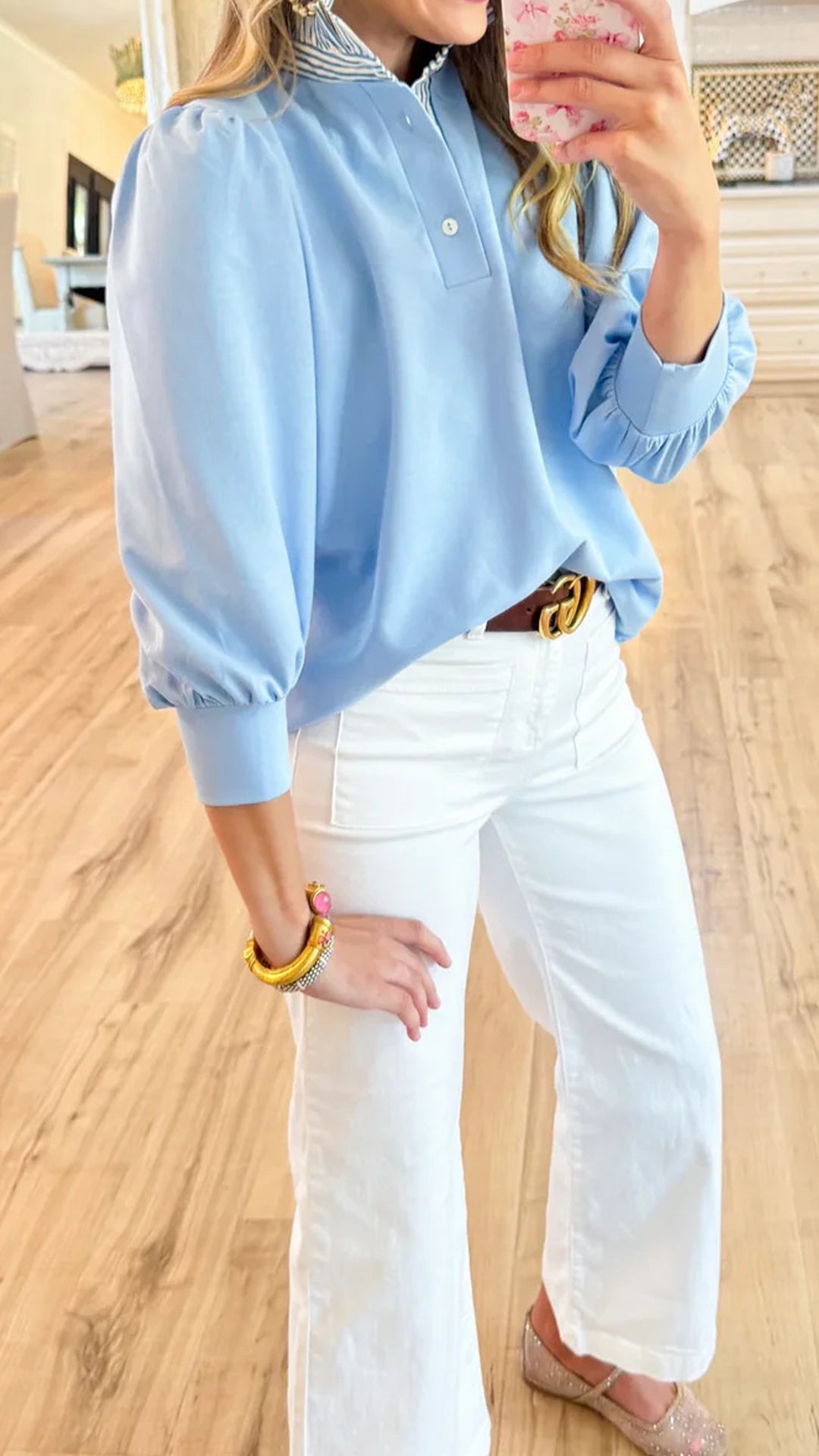 Women’s  Stand Collar Color-Blocked Striped Loose Puff Sleeve Blouse