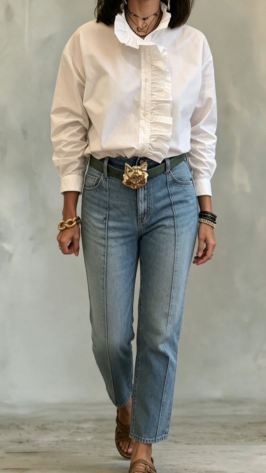 Women’s Ruffled Stand Collar Loose Cotton Blouse