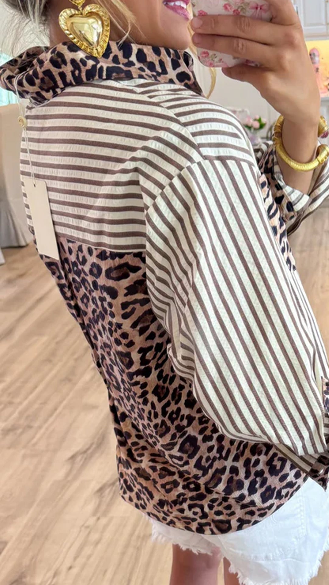 Women’s  Leopard Patchwork Striped Loose Long Sleeve Shirt