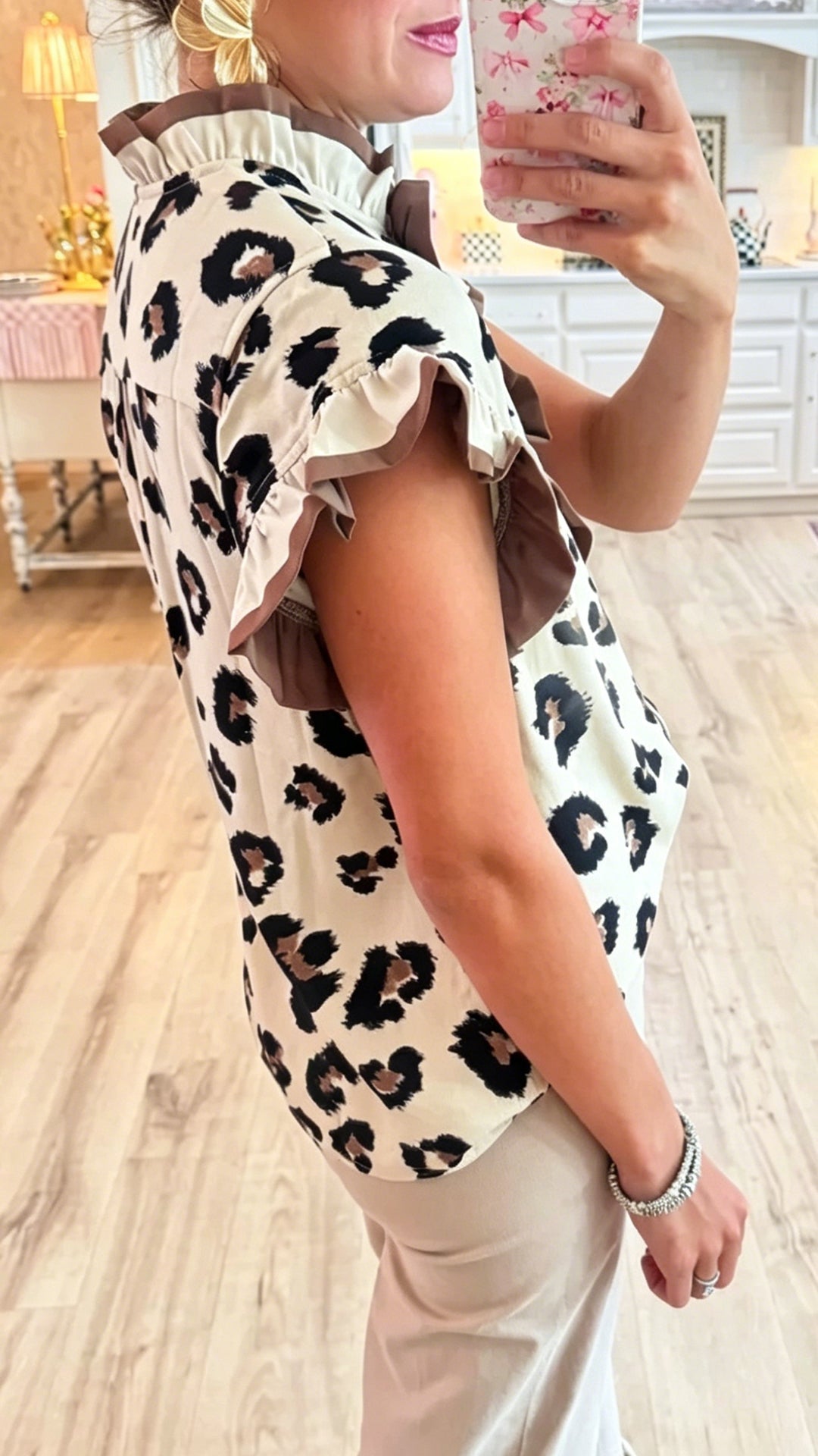 Women’s  Leopard Patchwork Ruffled Edge Loose Short Sleeve Shirt