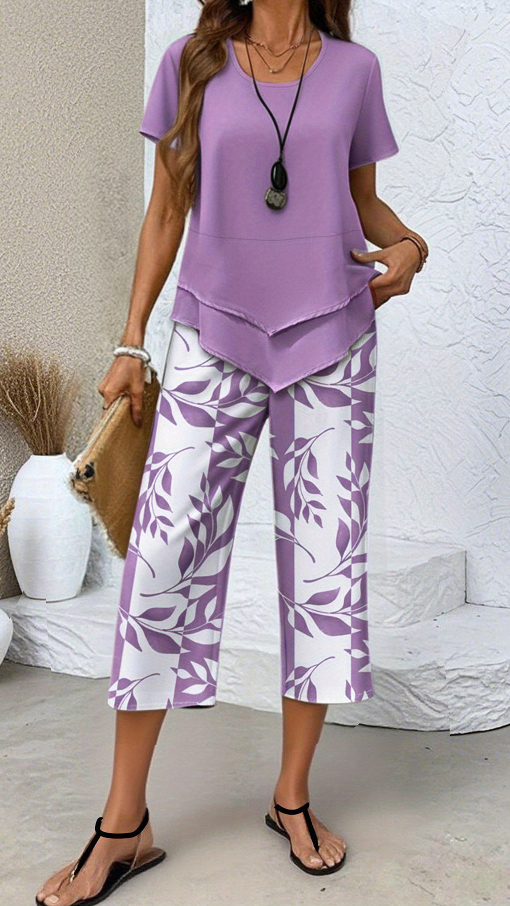 Women’s Irregular Hem Printed Loose Short Sleeve Two-Piece Set