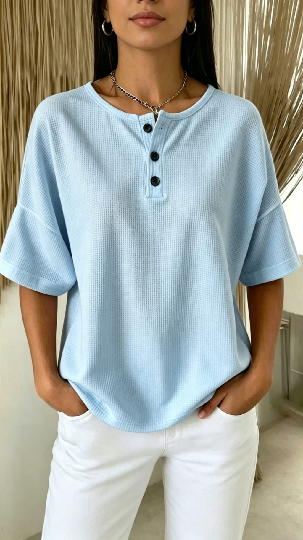 Women’s Solid-Color Waffle-Knit Top with Round Neck and Front Placket