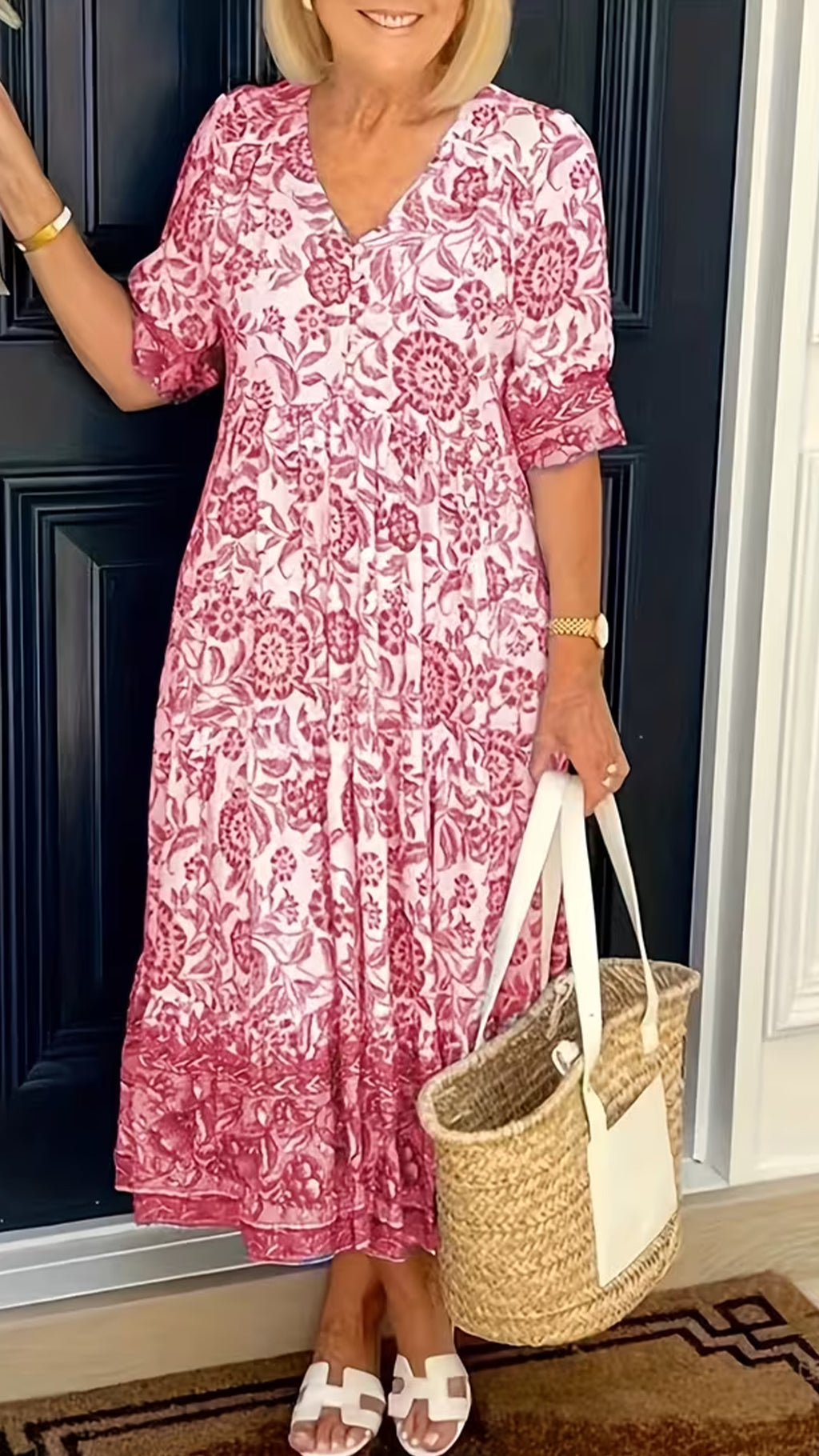 Women’s Blue and White Porcelain Print V-Neck Loose Ruffled Midi Dress