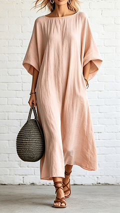 Loose-fitting Batwing Sleeve Cotton Linen  Dress