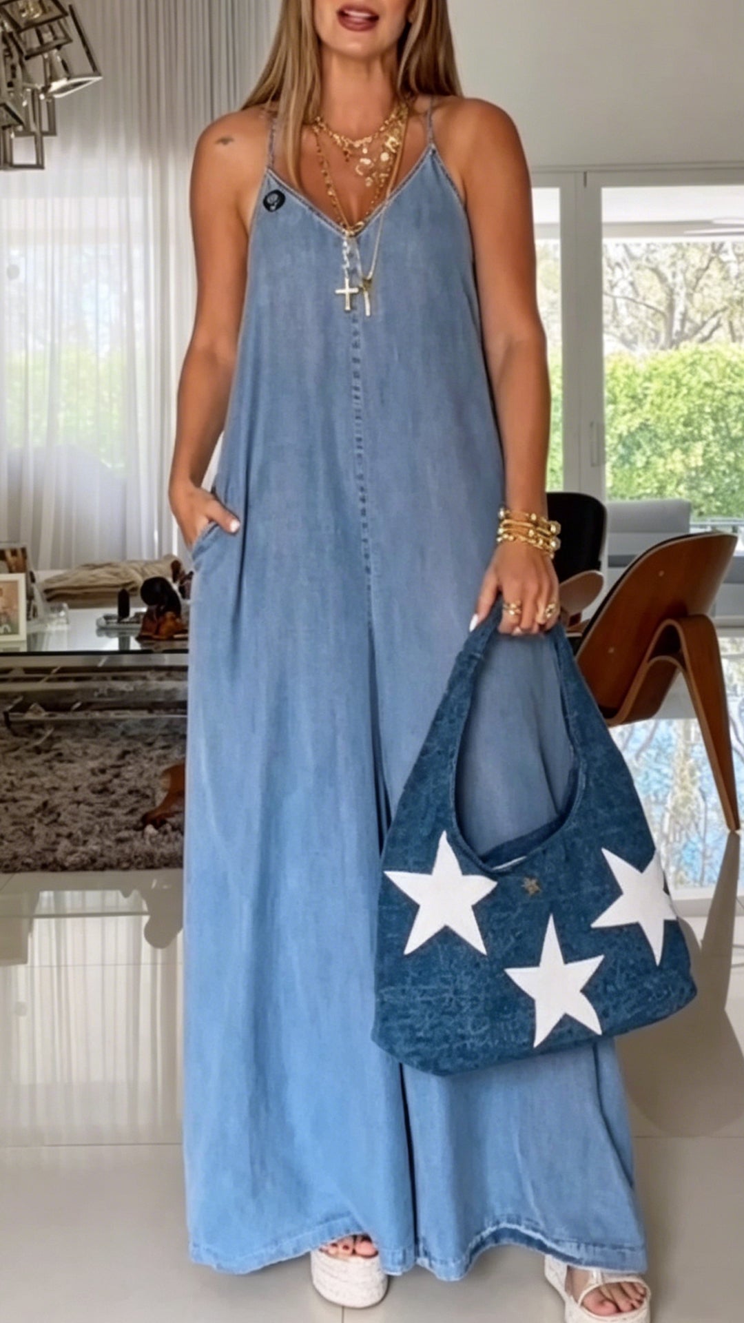 Women’s V-Neck Spaghetti Strap Denim-Like Loose Wide Leg Polyester Jumpsuit
