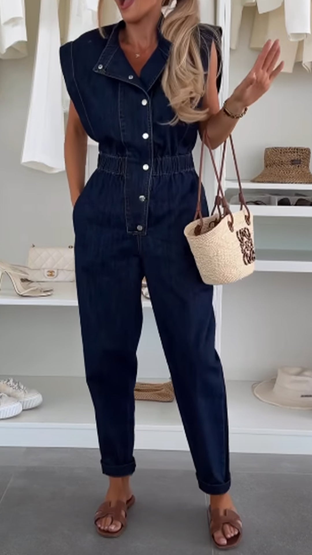 Women’s Stand Collar Sleeveless Denim Waist-Cinched Loose Jumpsuit