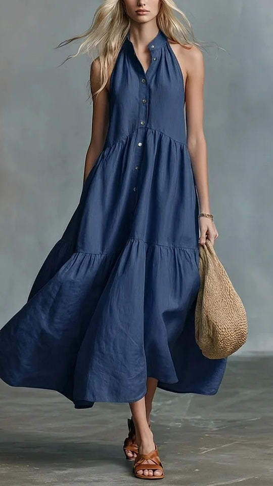 Women’s Sleeveless Casual Loose Linen Button-Down Vest Dress