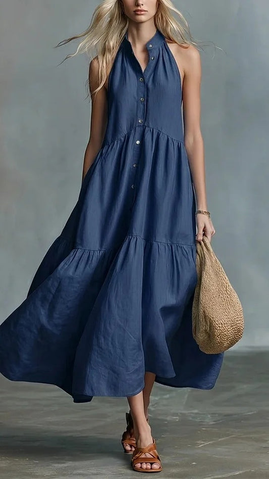 Women’s Sleeveless Casual Loose Linen Button-Down Vest Dress