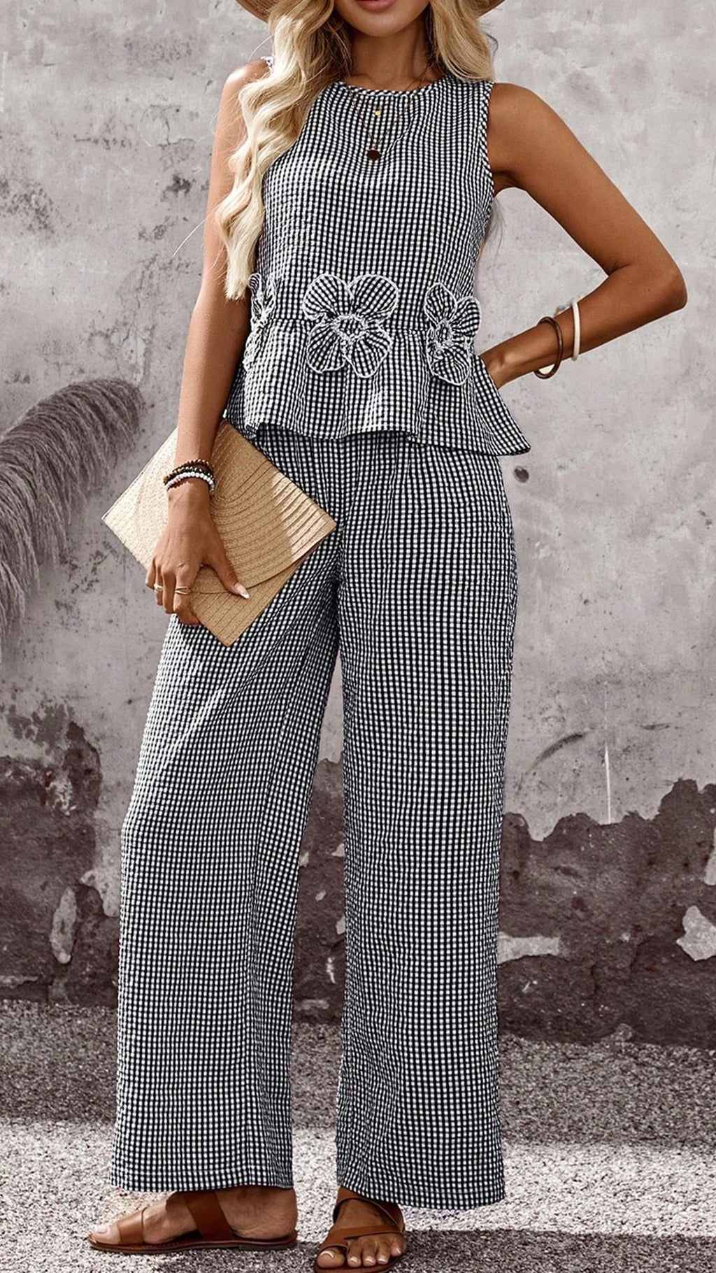 Women’s Sleeveless Gingham Peplum Top & Wide Leg Pants Polyester Set