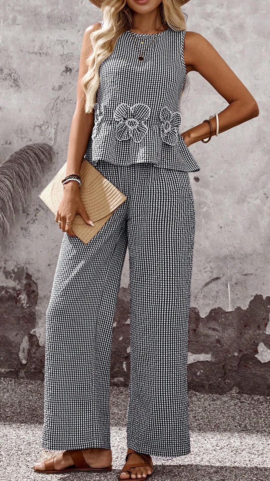 Women’s Sleeveless Gingham Peplum Top & Wide Leg Pants Polyester Set
